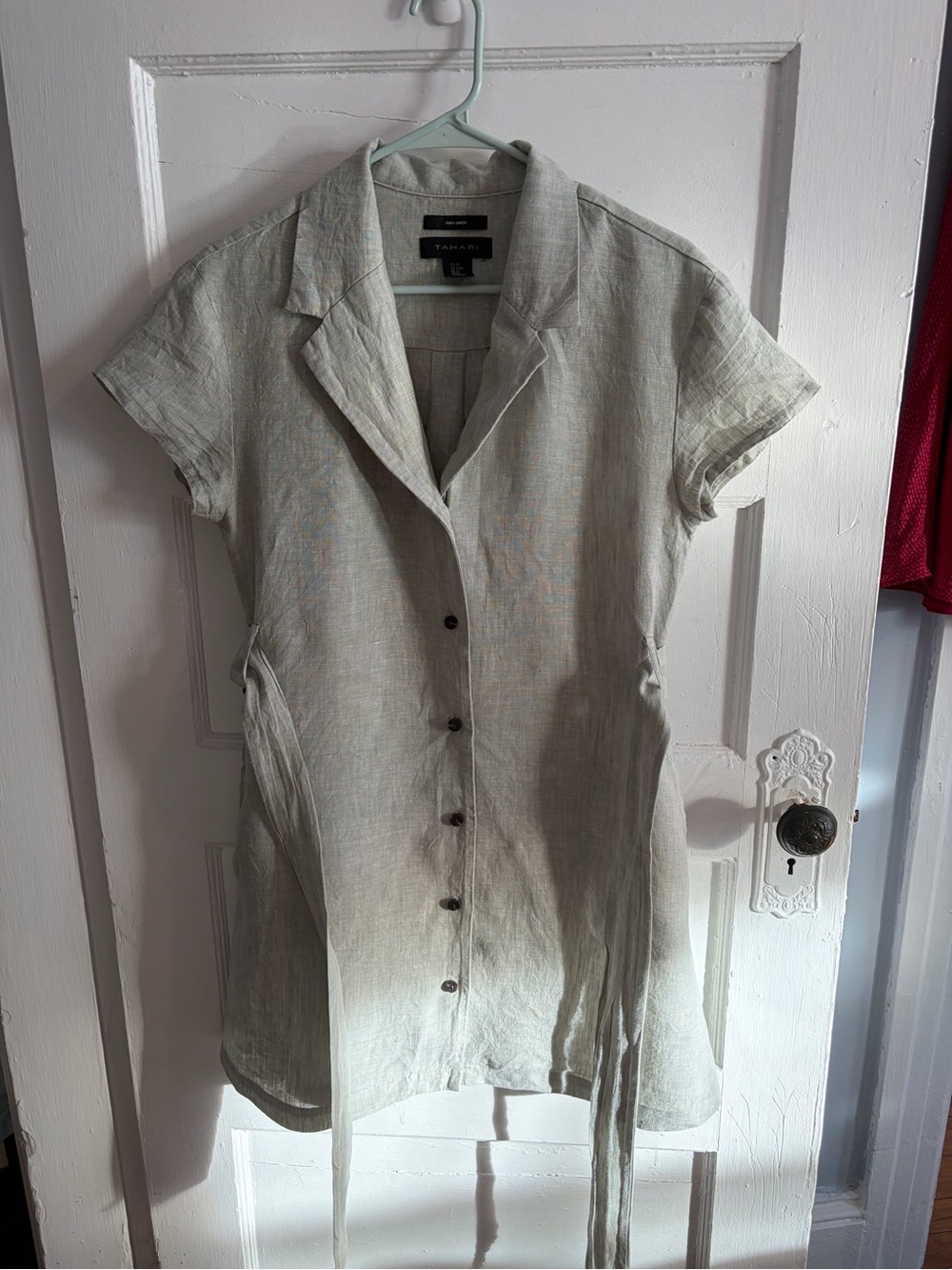 Tahari Sage Green Linen Short-Sleeve Button Dress
